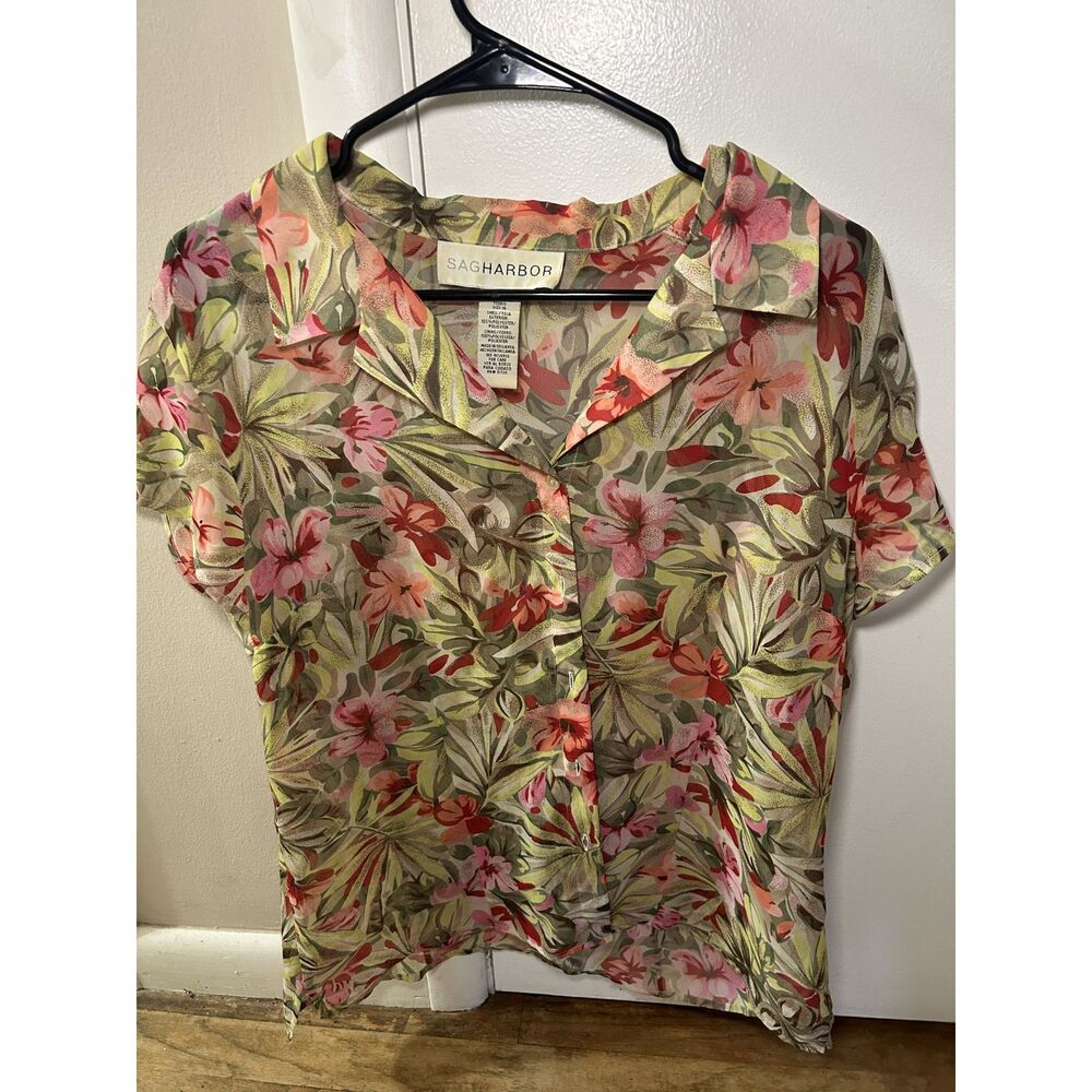 Vintage Sag Harbor Floral Sheer Button Up Blouse Top Size 16 Grandmacore Y2K
